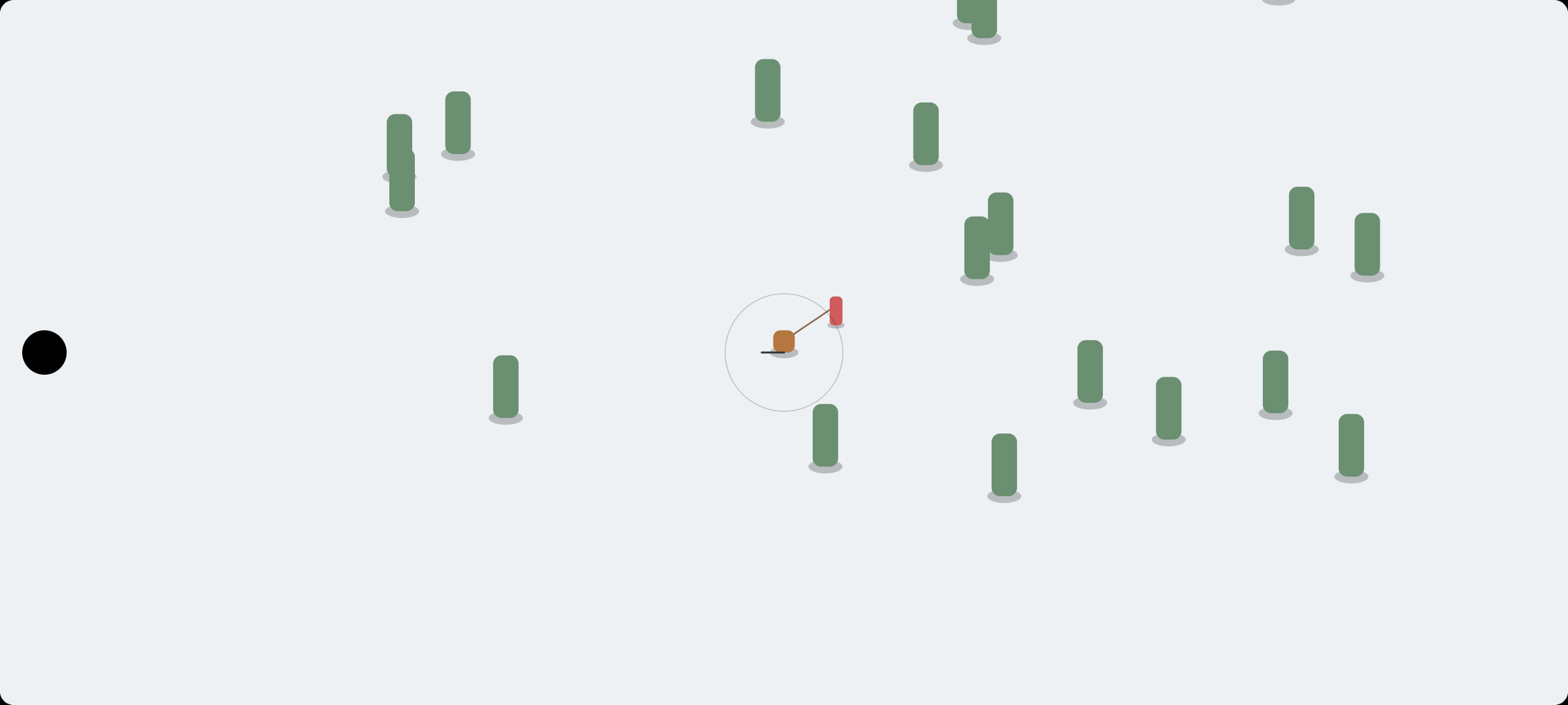 The game loop running on placeholder blobs: brown dog, red kid on a leash, green trees